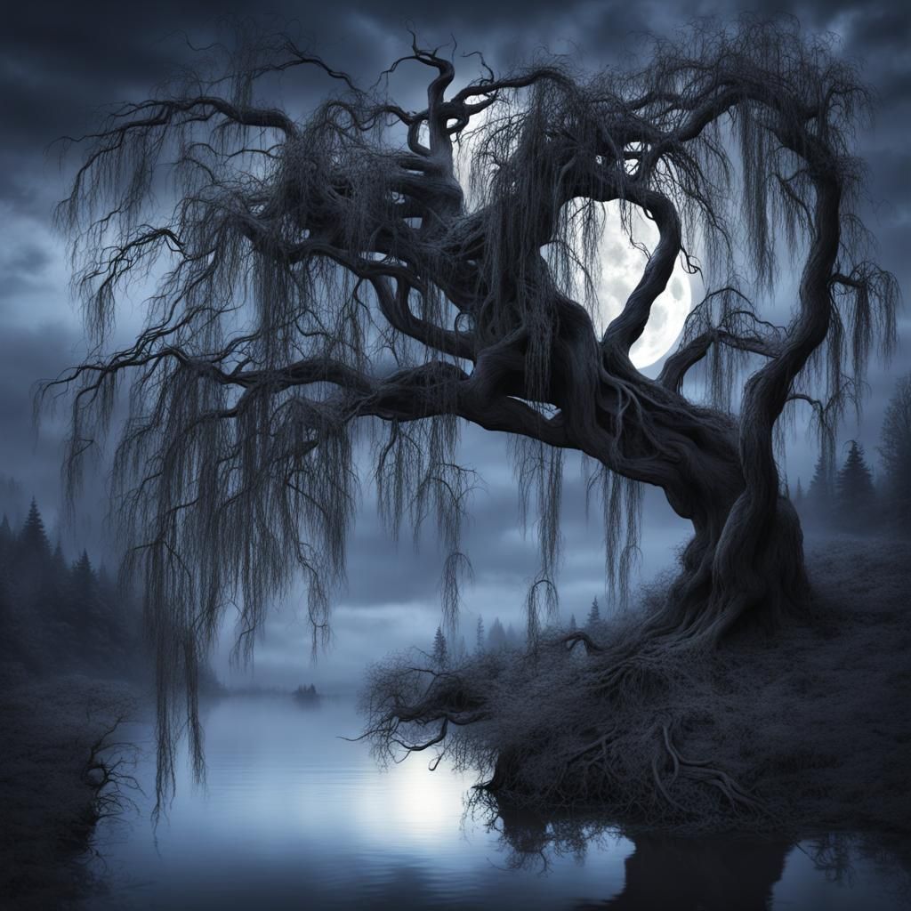 Creepy Old Willow Tree in Dark of Night
