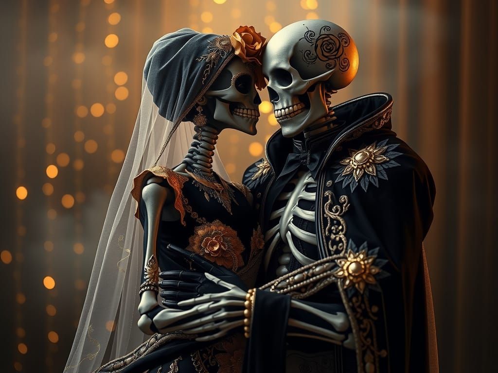 Ethereal Skeleton Lovers in Golden Splendor