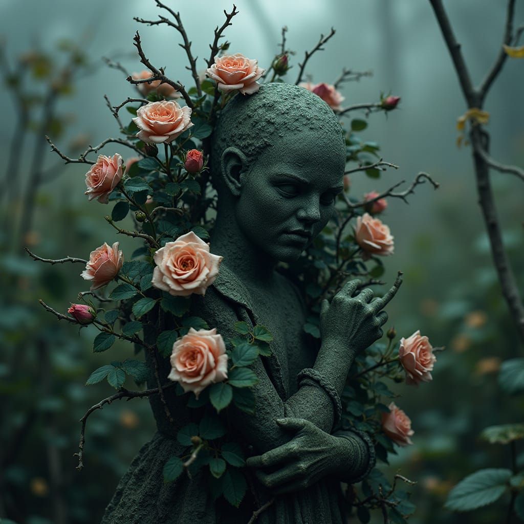 Gothic Garden: Roses Ensnare Stone Statue