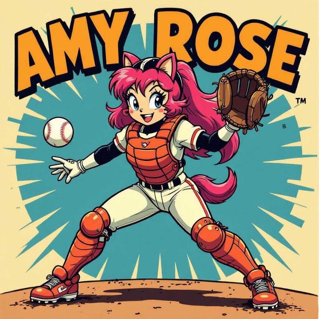 Amy Rose as Baseball Catcher in Comic Art Style