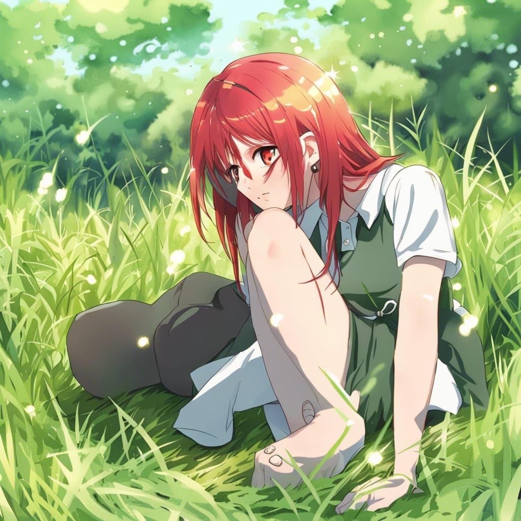 Red-Haired Girl in Grass: Anime-Inspired Art