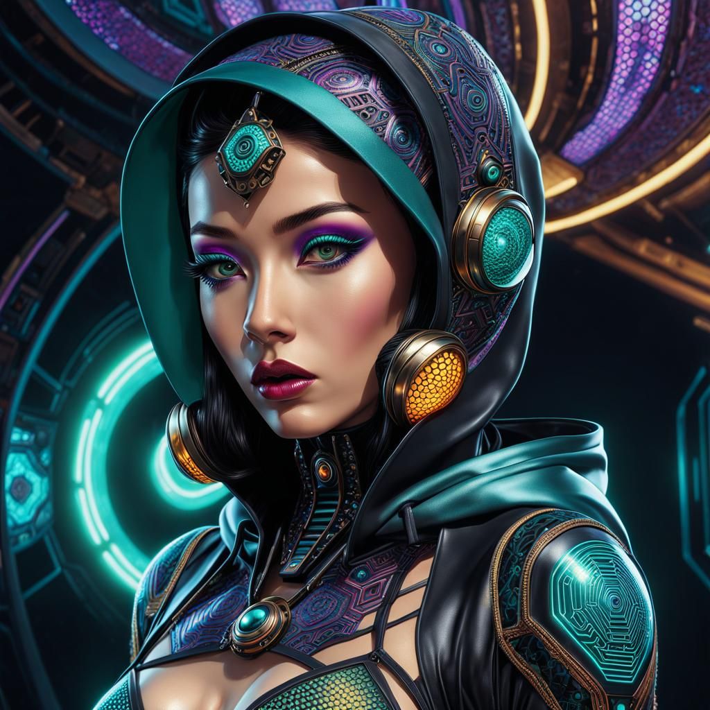 Futuristic Tibetan Woman with Fractal Tattoos