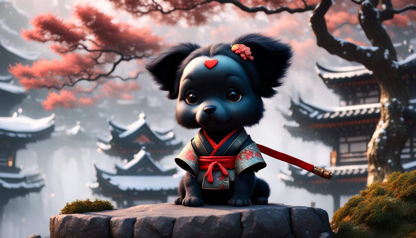 fluffy black baby chibi puppy in a geisha costume snowy bons...