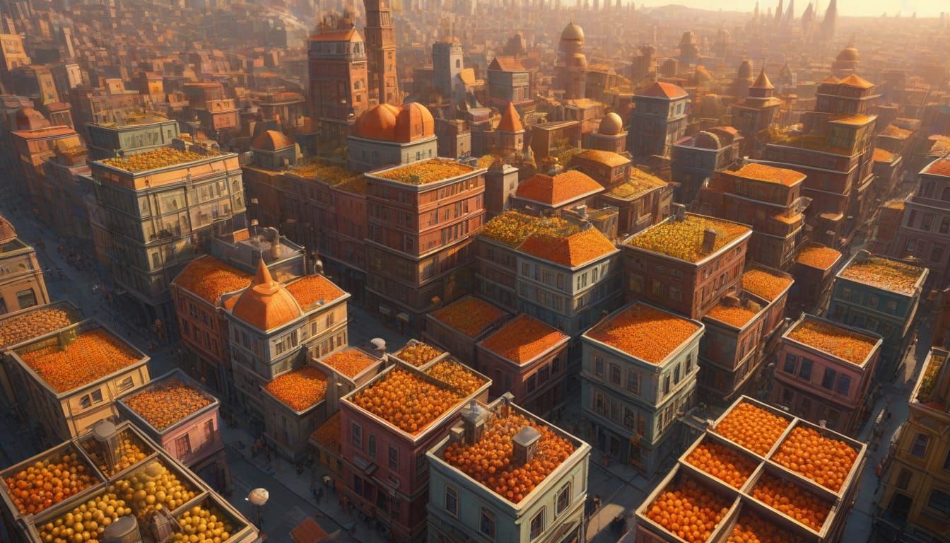 Surreal Steampunk Cityscape with Fruit Buildings