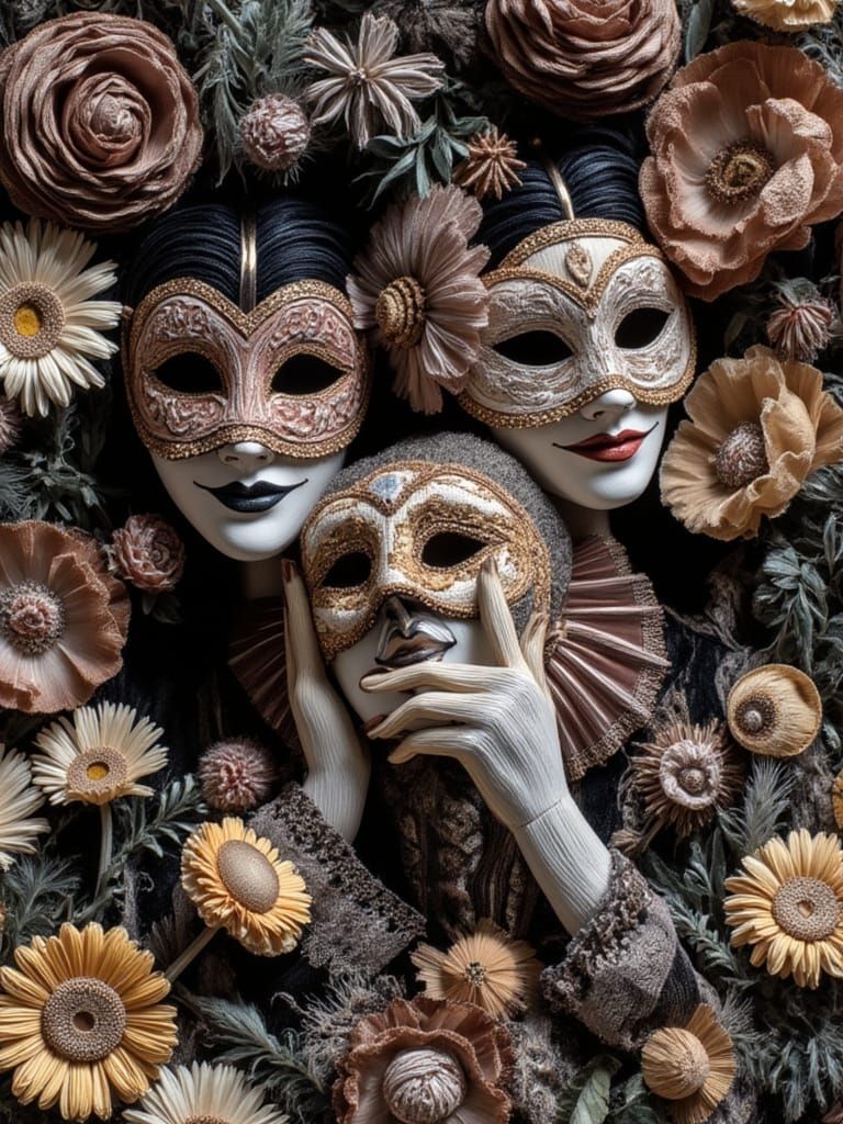 Bohemian Carnival Mask with Iridescent Flowers and Feathers