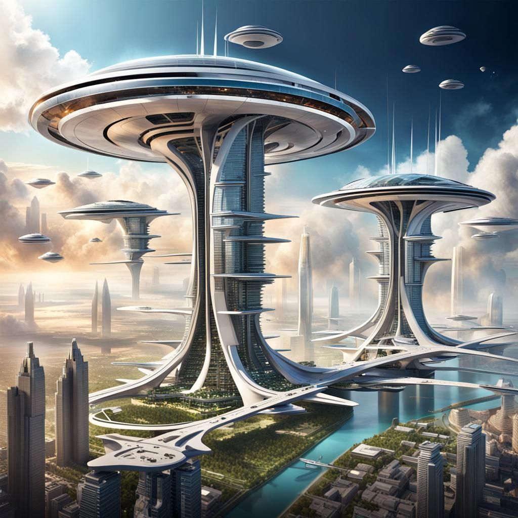 Futuristic Sci-Fi Flying City with Sleek Architecture