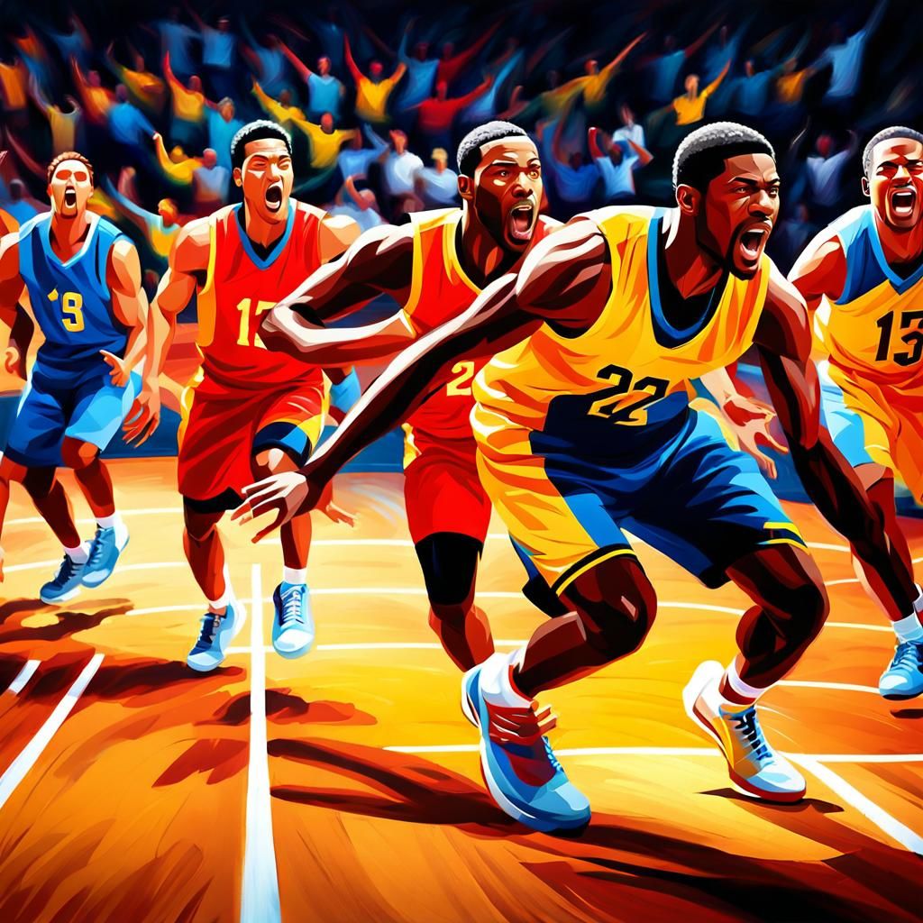 Intense Blind Basketball Game: Vibrant Oil Painting