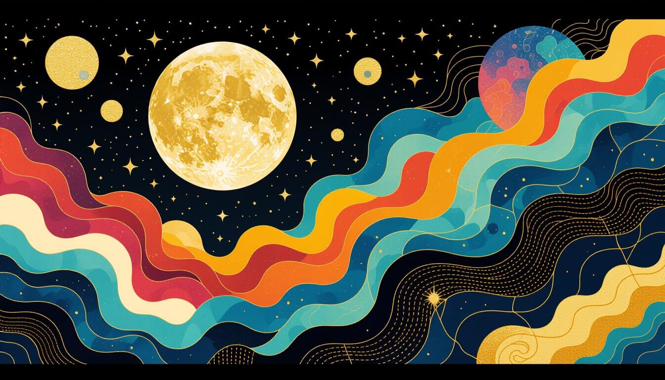 Mystical Cosmic Scene with Gold Accents