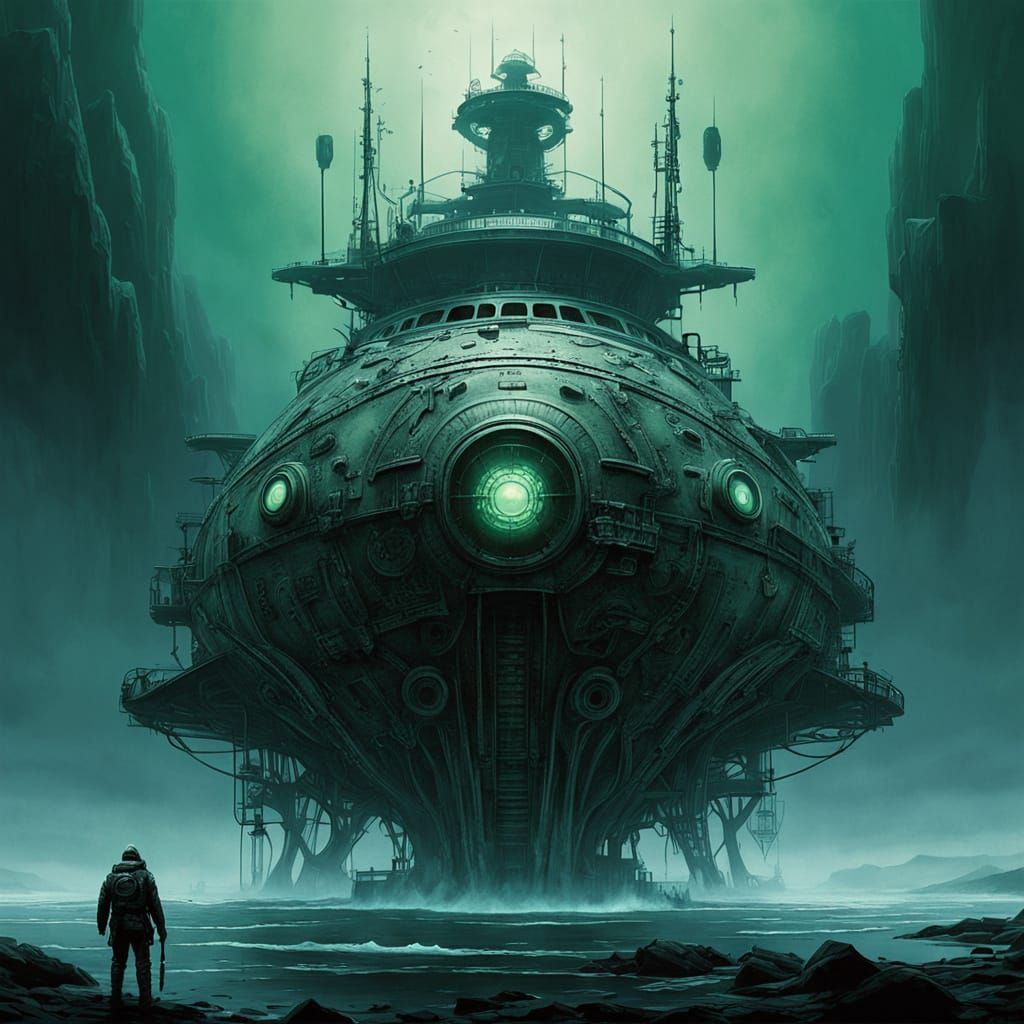 Menacing Biomechanical Vessel in a Dystopian Fog