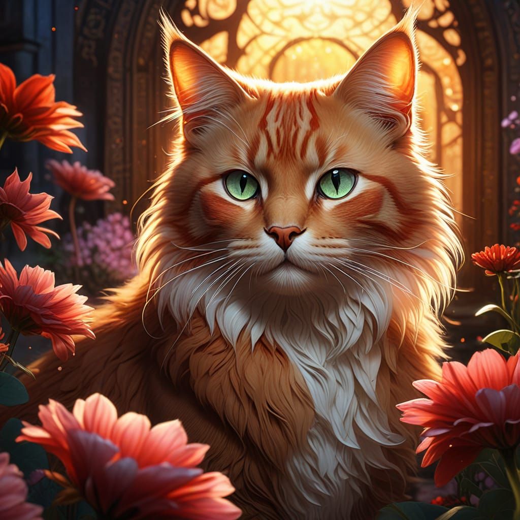 Majestic Cardinal Red Cat Surrounded by Vibrant Star-Shaped ...