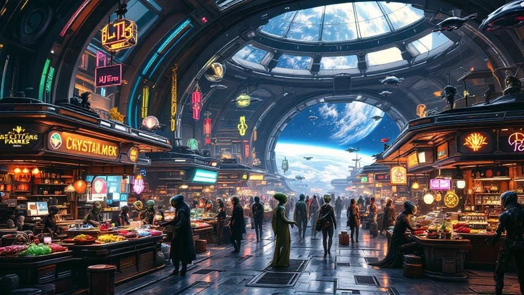 Futuristic Alien Market on Space Station in Cinematic Style