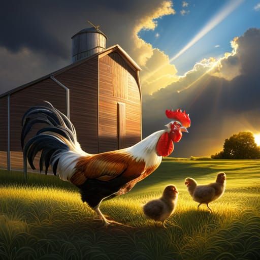 Kelso Rooster, Hen, and Chicks on Farm in Matte Painting Sty...