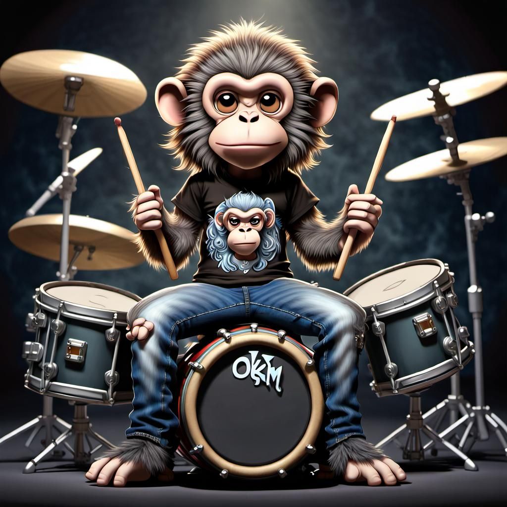 Chibi Punk Monkey Drummer in Dark Fantasy Style