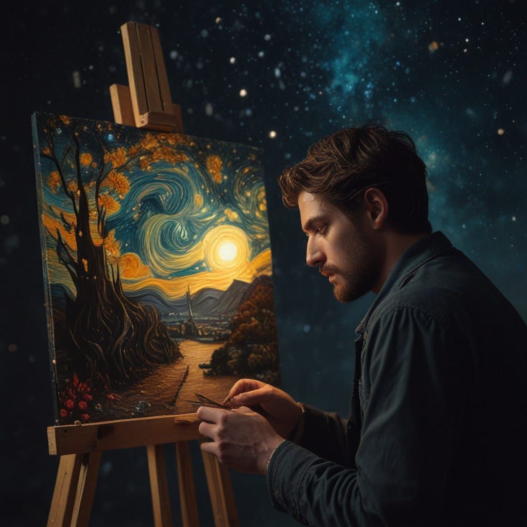 Vibrant Starry Night Portrait in Low Poly Anime Style