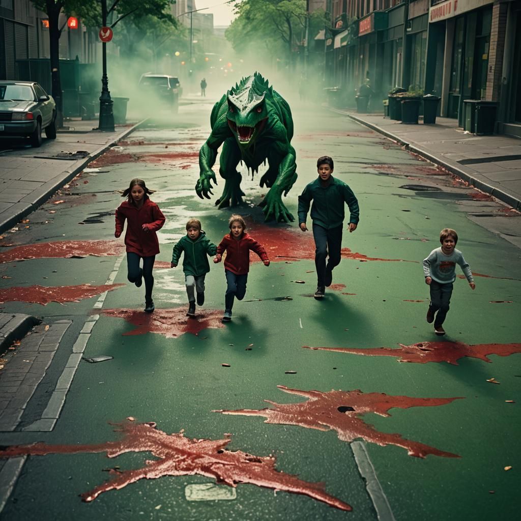 Family Escapes Ooze-Filled City: Cinematic Film Still