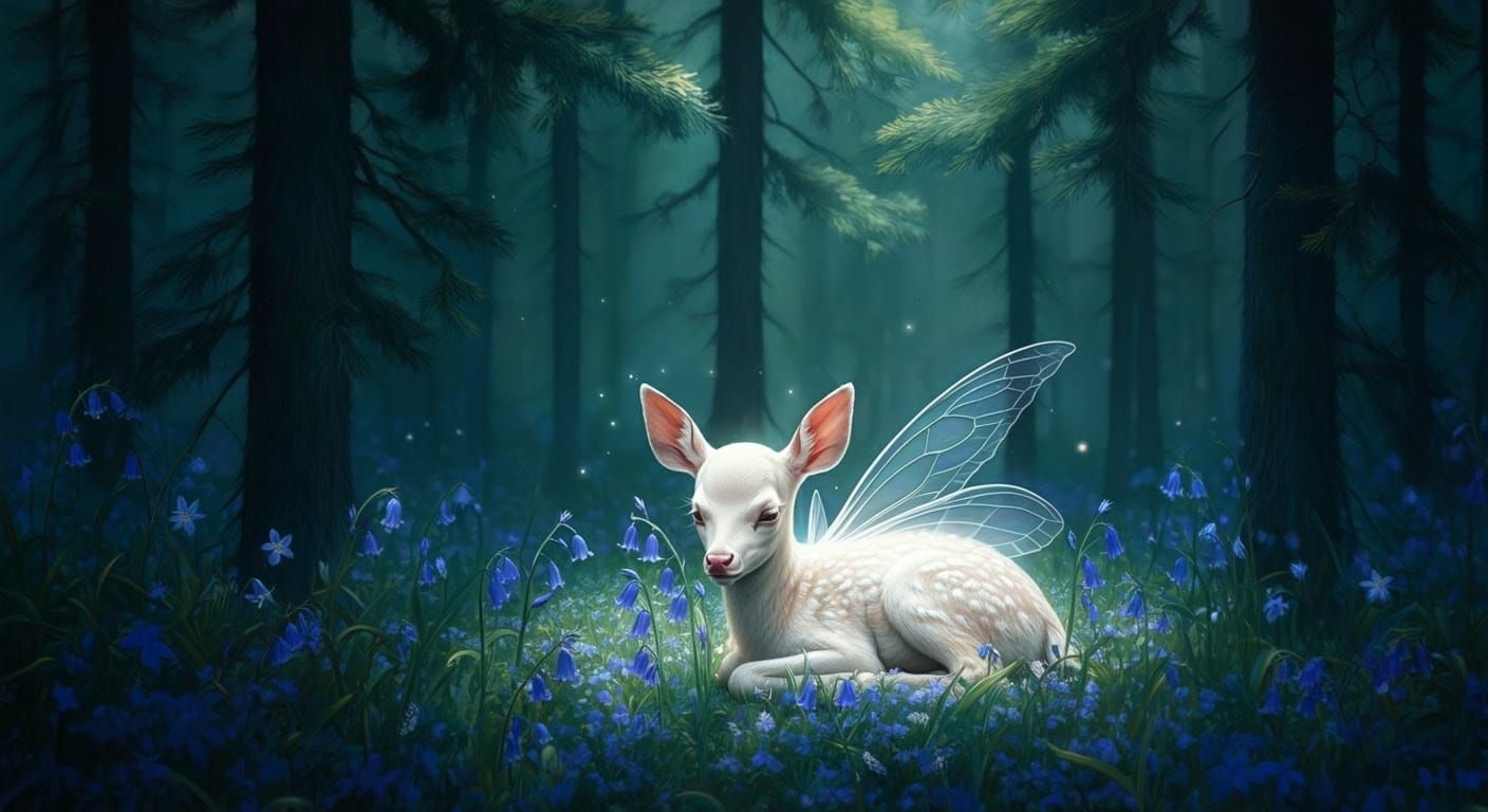 Dreamy Enchanted Forest with Bluebells and Fairy Fawn