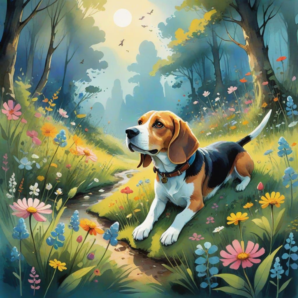 Beagle's Dual Life: Meadow Nap and Jungle Chase