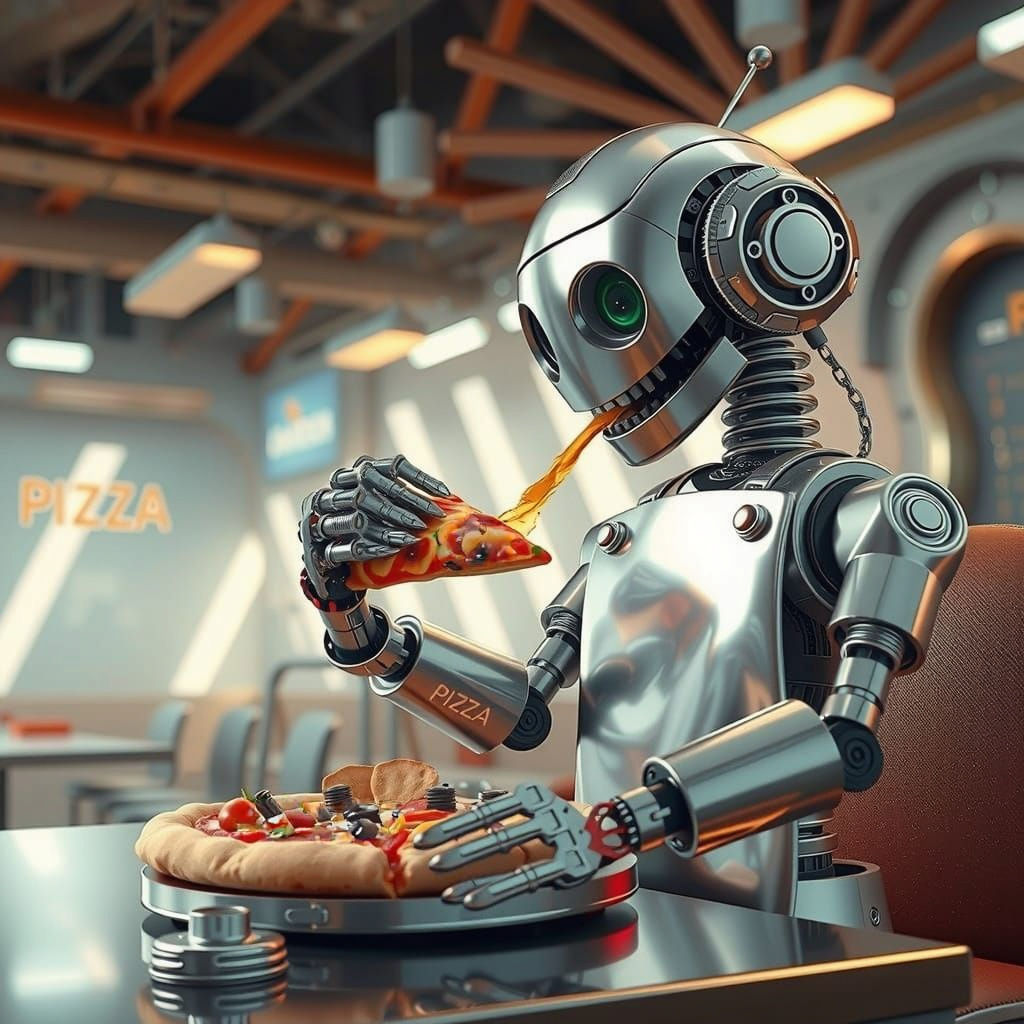 Robot Pizza Feast in Sci-Fi Cafe
