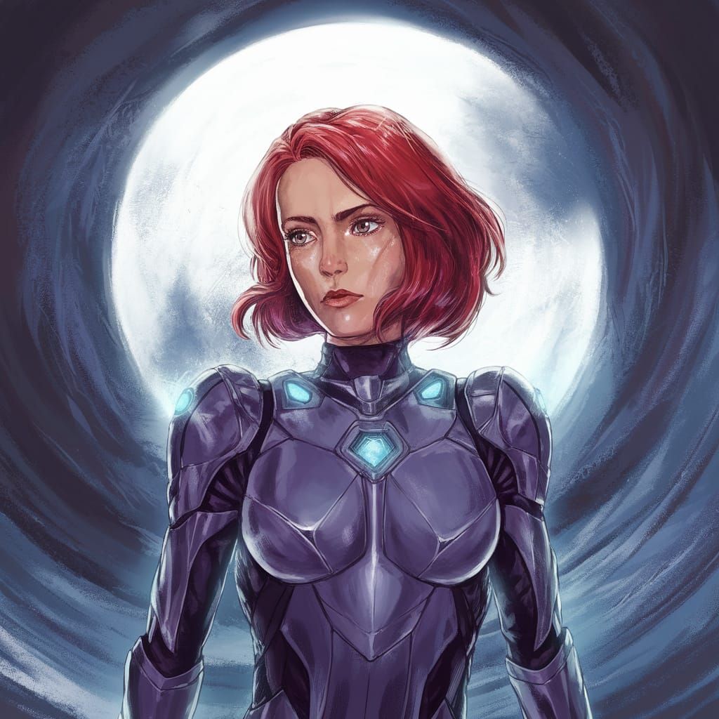 Scully in Metroid-Inspired Armor Under Moonlight
