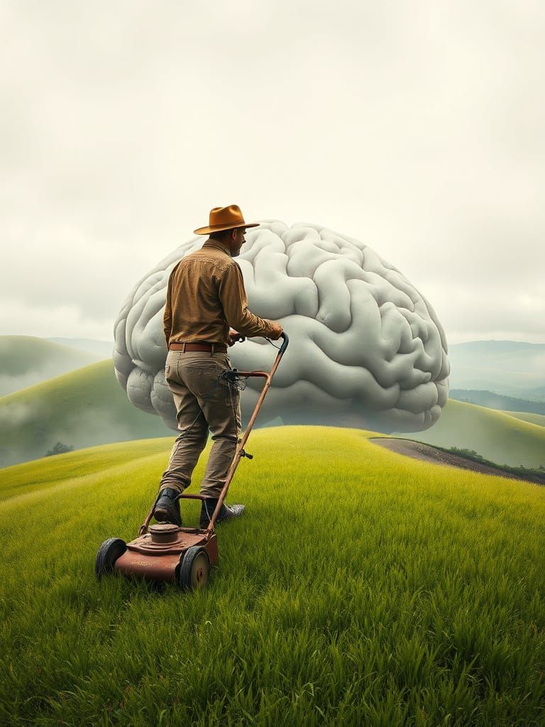 Surreal Figure Cuts Grass on a Melting Brain Landscape in Da...