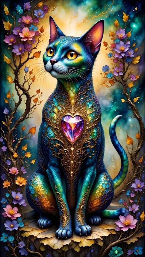Fantasy Bejeweled Cat in Digital Art Style