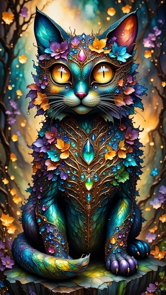 Fantasy Bejeweled Cat in Digital Art Style