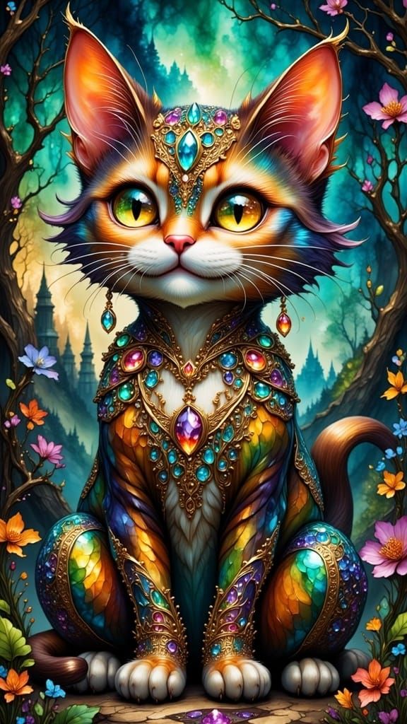 Fantasy Bejeweled Cat in Ink Flux Style