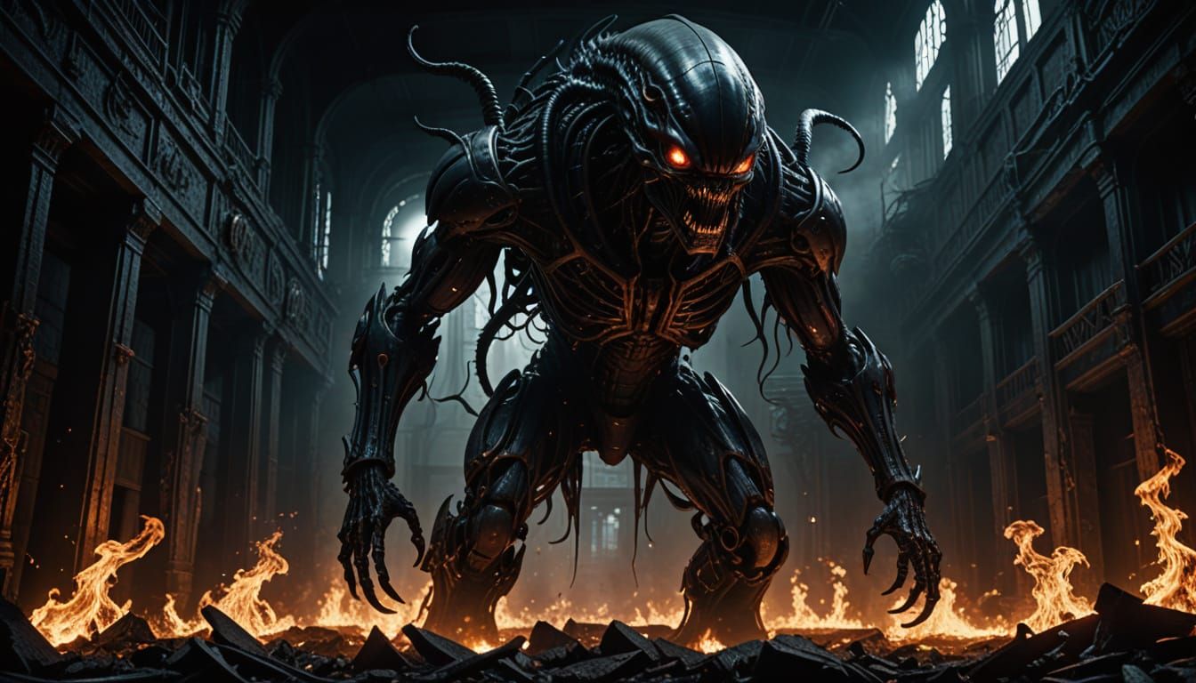 Dark Fantasy Alien Emerges from Fiery Hellscape in Brutal Bi...