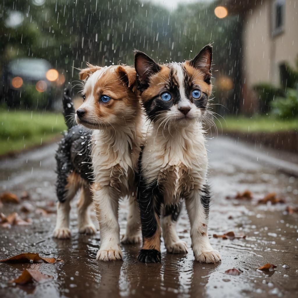 Puppy and Kitten Play Together in Rainy Matte Painting