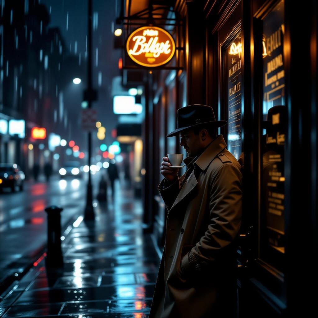 Man Sips Espresso in Dramatic Rainy City Scene