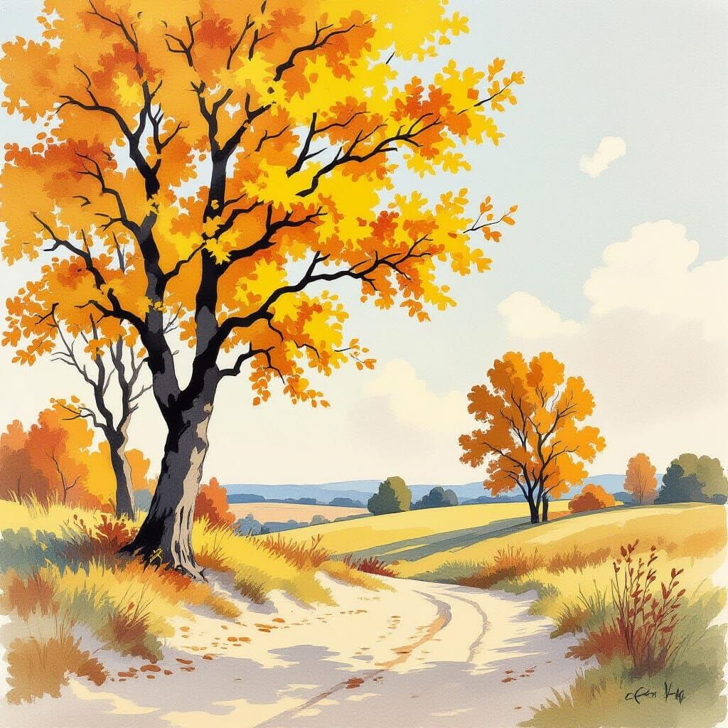 Autumn Watercolor Landscape in Daubigny Style