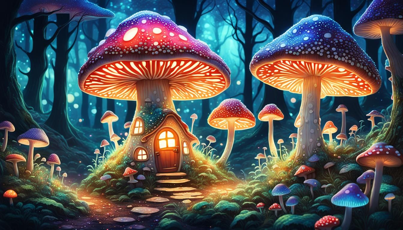 Enchanted Bioluminescent Forest Fairy House in Anime Style