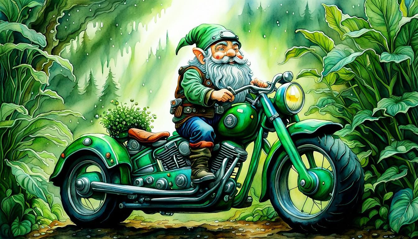 Gnome on Steampunk Motorbike Watercolor Painting