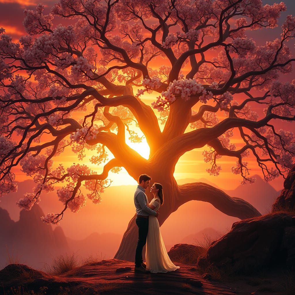 Couple Embracing Under Majestic Ancient Tree in Futuristic L...