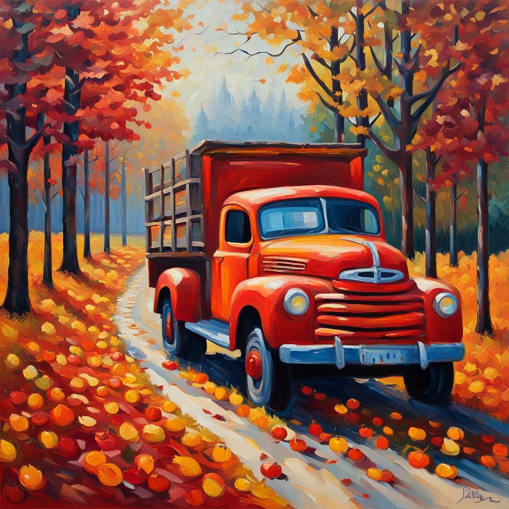 Vintage Red Truck with Pumpkins in Neo-Impressionism Style