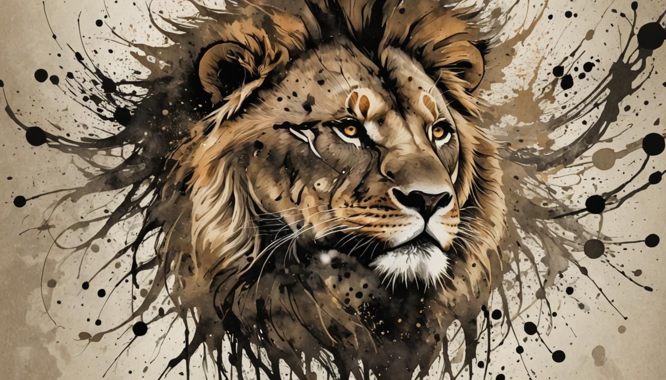 Abstract Ink Lion: Nature and Animal Fusion