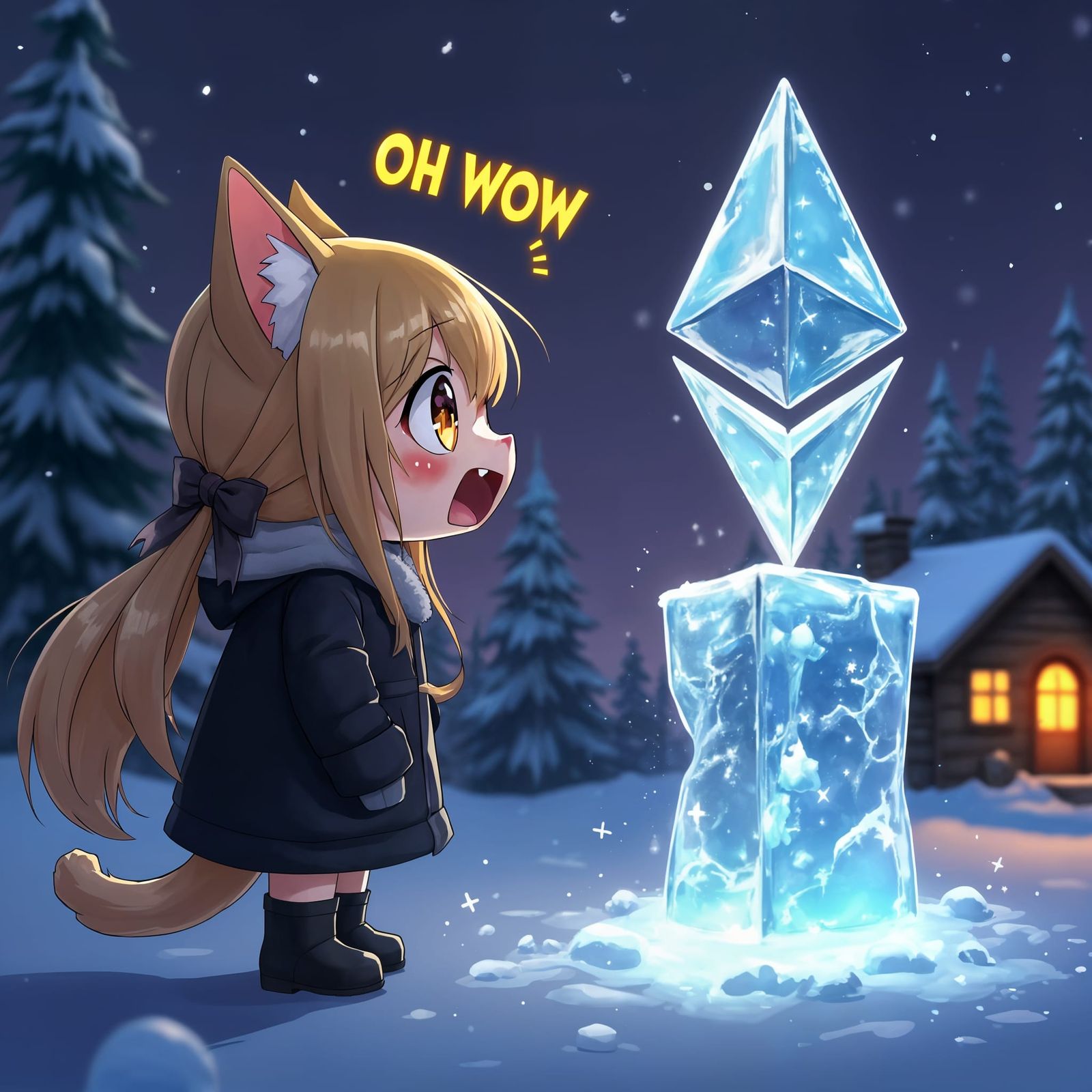 Anime Catgirl Amazed by Ethereum Ice Sculpture