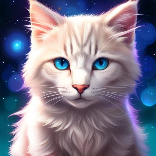 Magical White Cat Portrait in Starry Wonderland