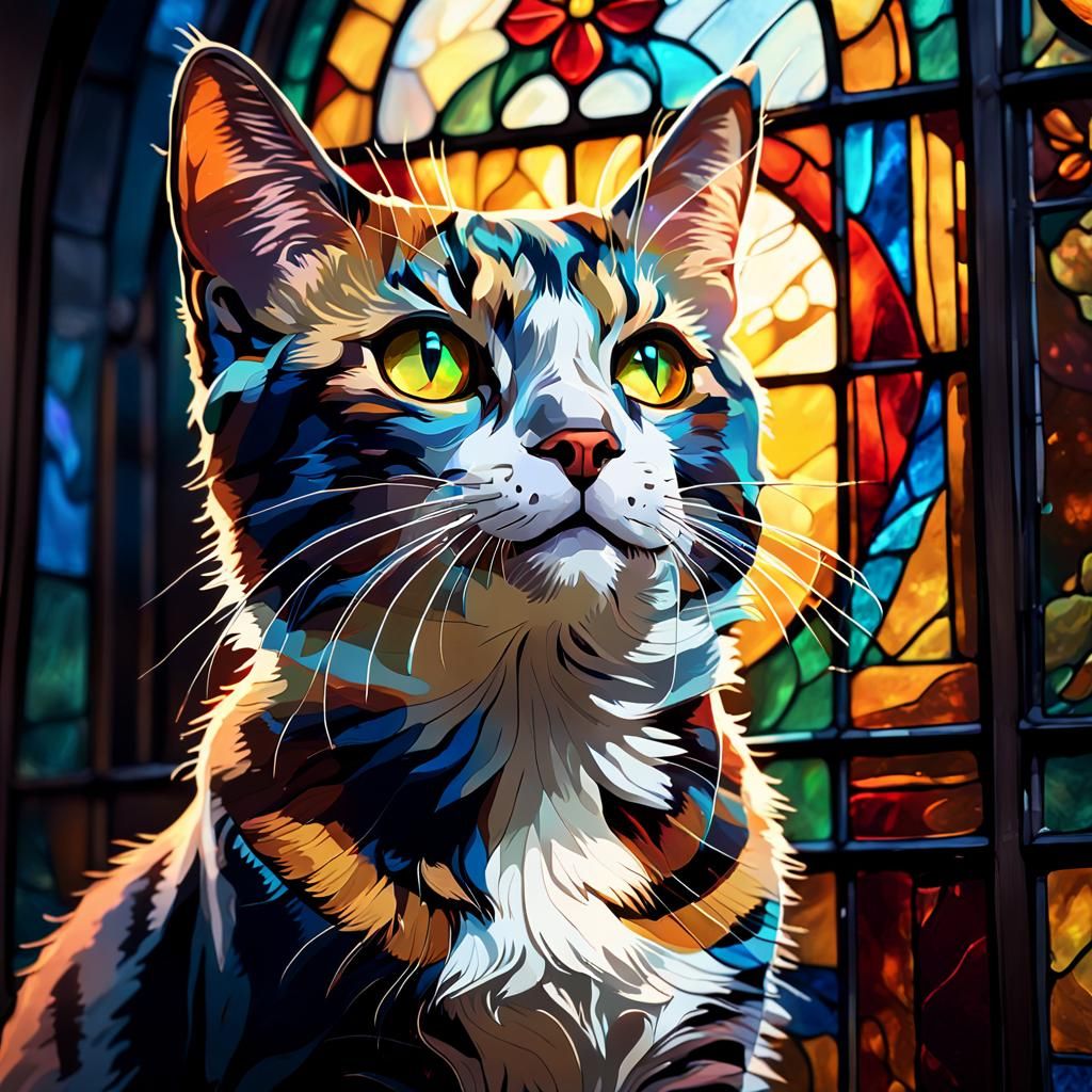 Cat in Stained Glass Window Shop: Hyperrealistic Concept Art