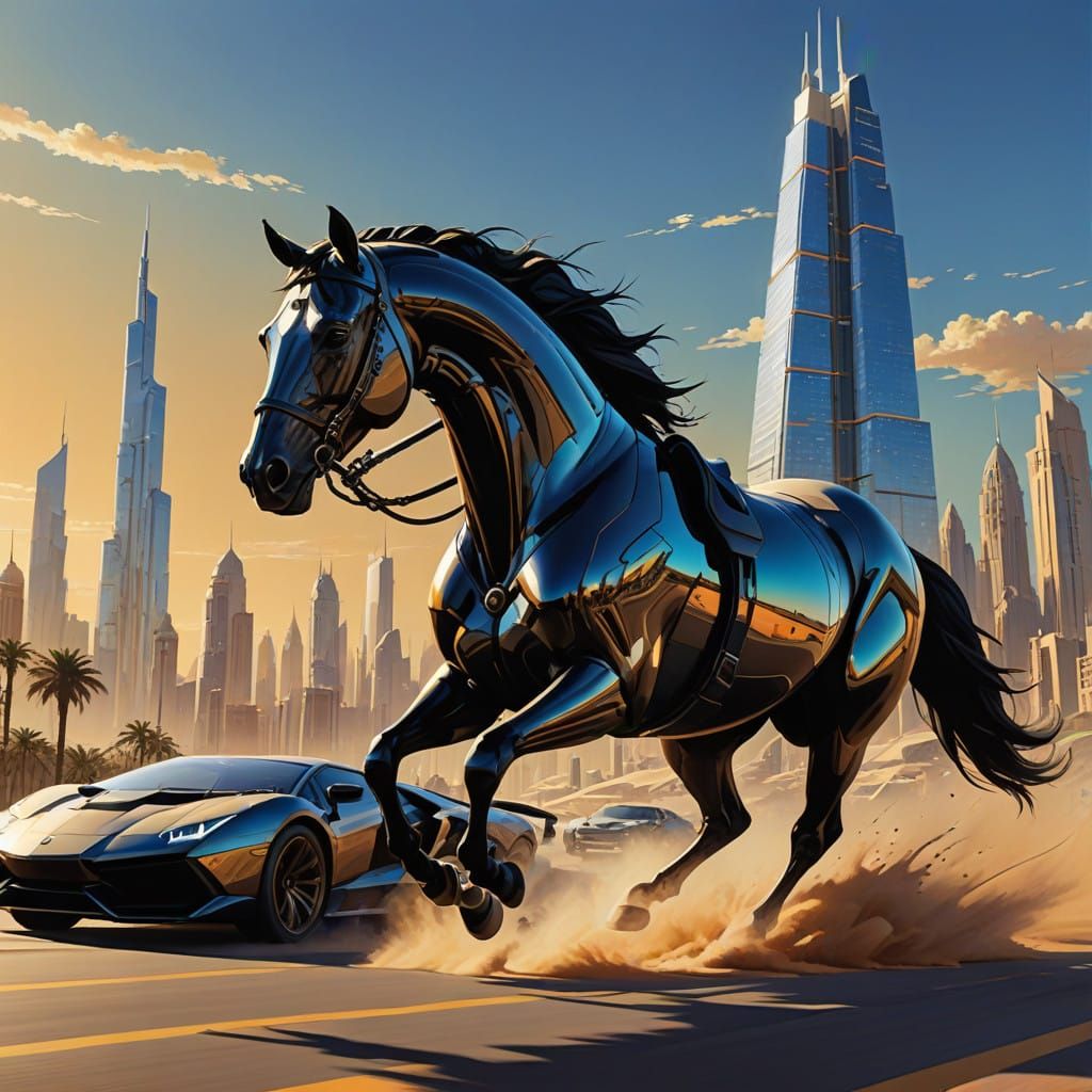 Ethereal Horse in Motion Beside a Sleek Lamborghini