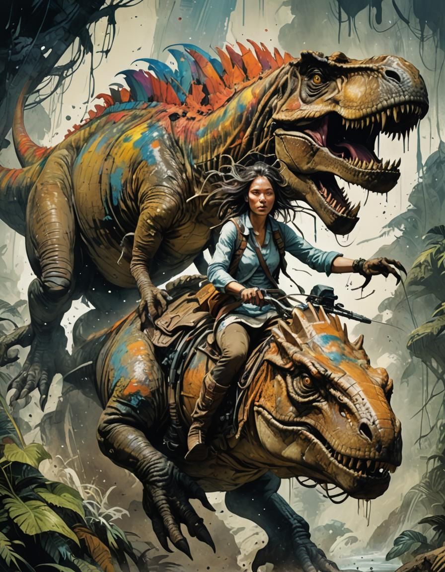 Girl Rides T-Rex: Photorealistic Ink Flow Portrait