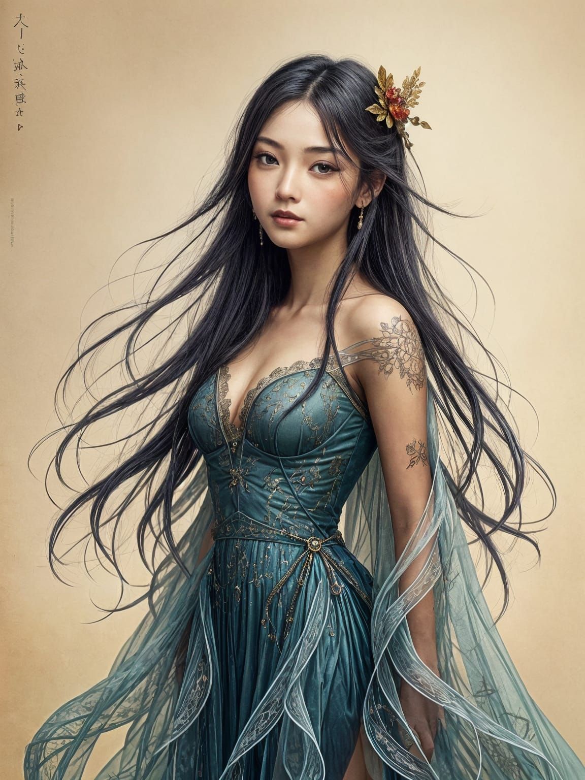 Enchanting Asian Muse with Scientific Hair, Lavish Gown