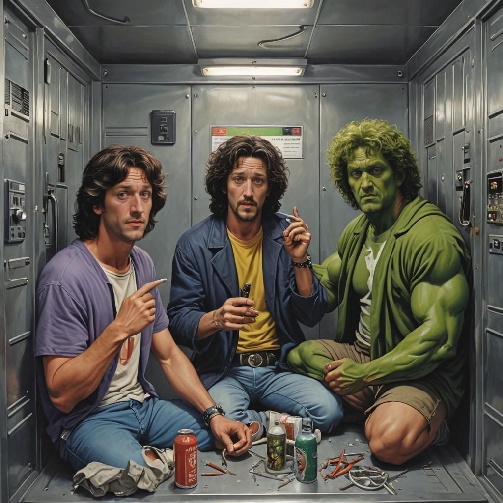 Some dudes helping Hulk "bluntly" to calm down.