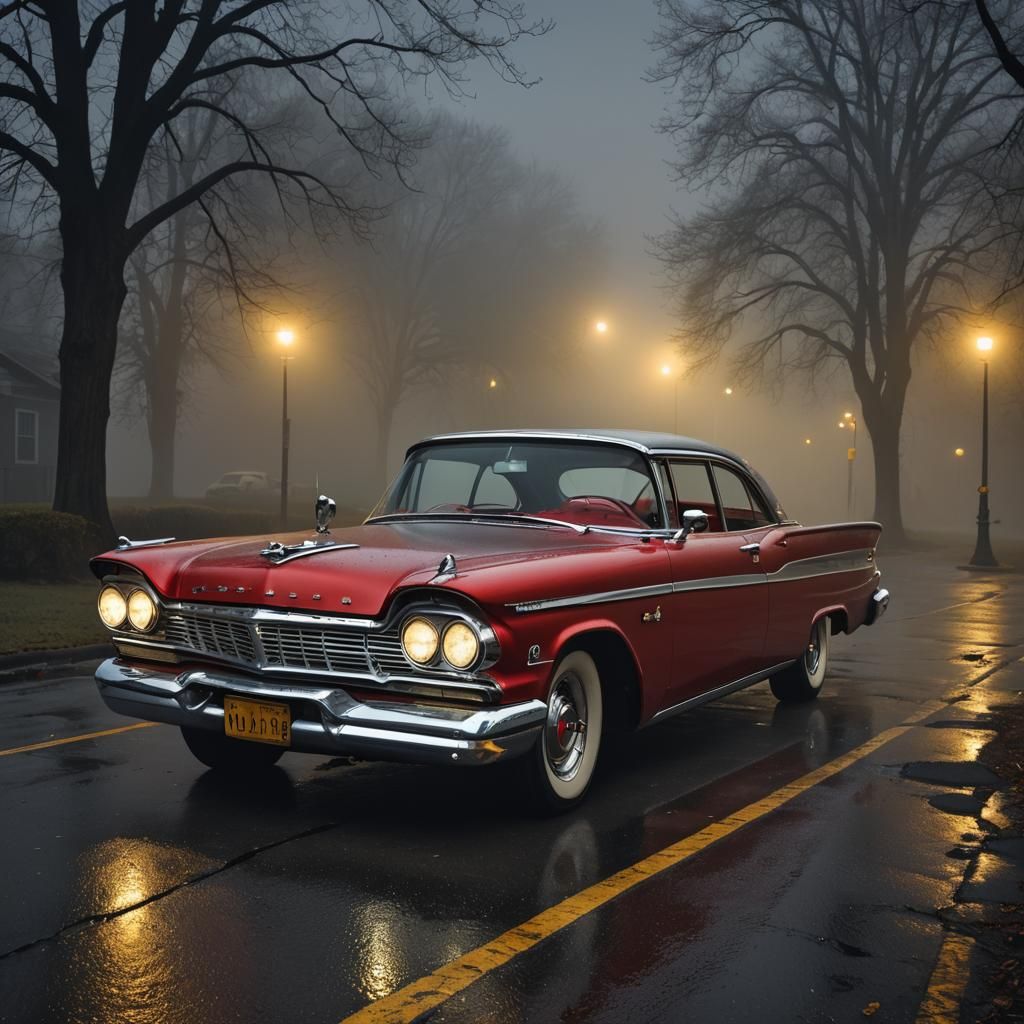 Sinister 1958 Plymouth Fury in Ominous Fog