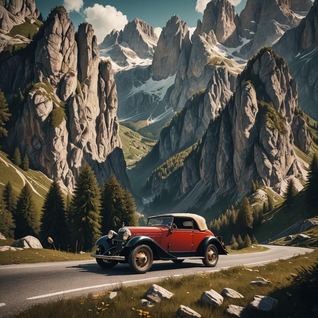 Vintage Car Driving in Dolomites: Matte Painting
