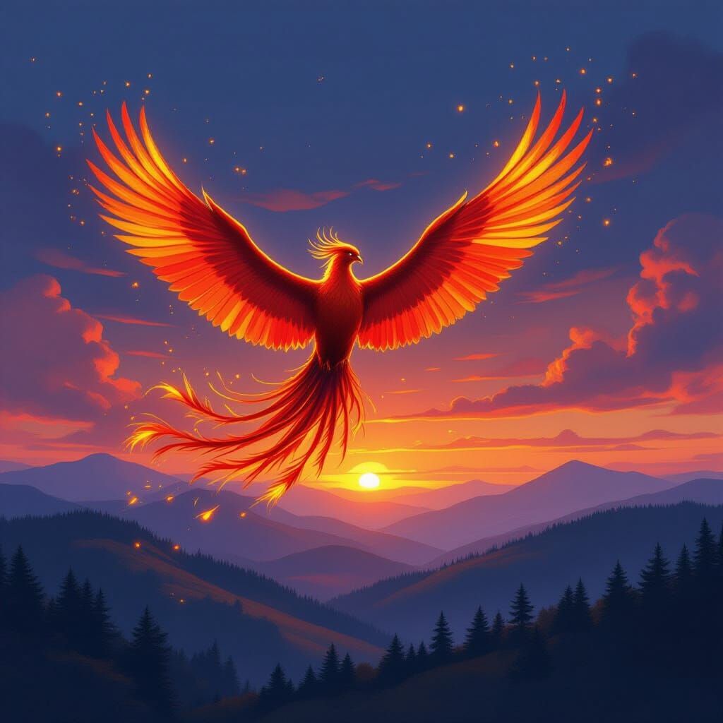 Phoenix Soaring at Twilight in Painterly Style