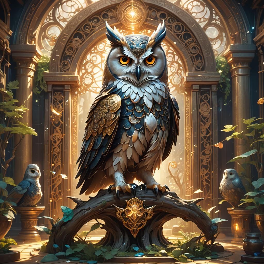 Magical Owl in Ancient Room, as Oil Painting