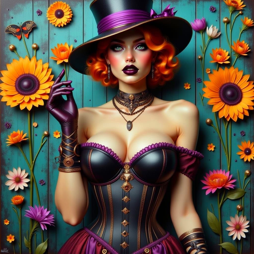 Steampunk Goddess in Vintage Corset and Top Hat