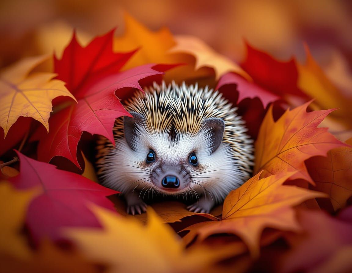 Tiny Hedgehog Hiding in Crimson Autumn Leaves