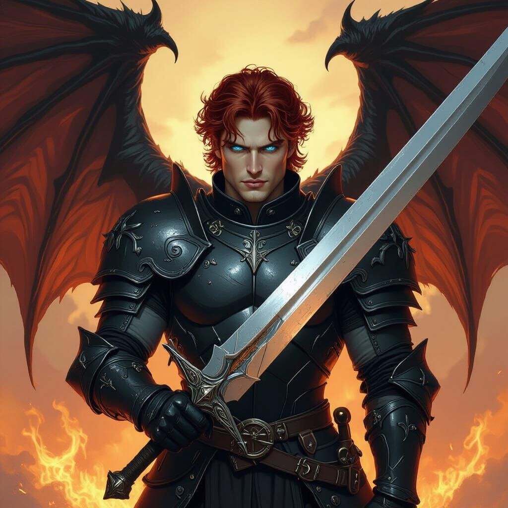 Dragon-Winged Warrior with Argent Sword in Dark Fantasy Styl...